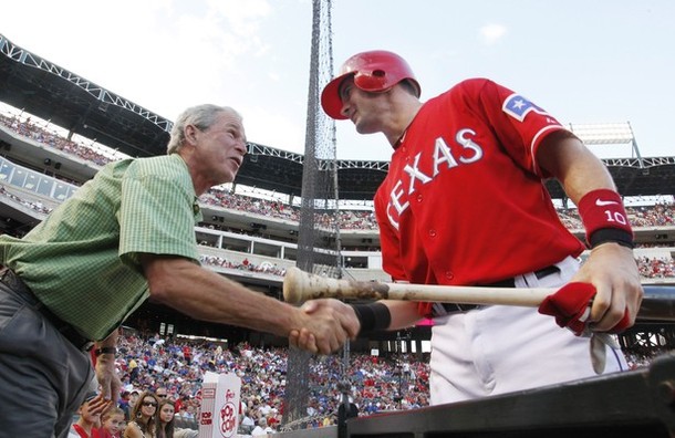 George Bush, looking horrible, at Texas Rangers baseball game