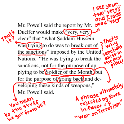 In A Word: Poor Colin Powell Is Delegated To Hype Final 1,500 Page Iraqi Arms Inspector’s Report.  (We Offer a Mark-Up.)