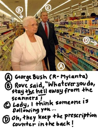 Susan Walsh/AP/File photo.  Kansas City, Mo.  March 17, 2006.  (Original: June 14, 2004.  Caption:  In this file photo, President Bush walks down the aisle to pick up a prescription with Wanda Blackmore, left, of Kansas City, Mo