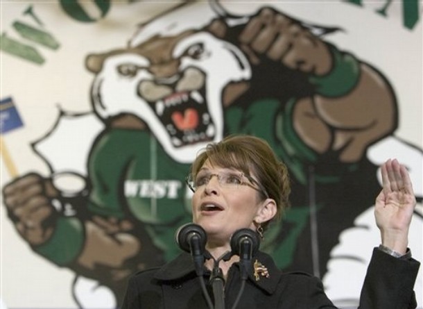 Republican vice presidential candidate, Alaska Gov. Sarah Palin, speaks in front of Wooly the Worverine, the West High School mascot, during a campaign appearance in Sioux City, Iowa, Saturday, Oct. 25, 2008.(AP Photo/Nati Harnik)
