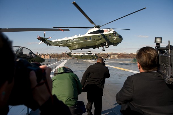 Marine One, with US President George W. Bush aboard, prepares to land on the deck of the USS Intrepid prior to the Veterans Day rededication of the Intrepid Sea, Air & Space Museum in New York, on November 11, 2008. The 65-year old aircraft carrier, which completed tours of duty during World War II, the Cold War and the Vietnam War, just completed a 2-year, $115 million USD renovation. AFP PHOTO / Saul LOEB (Photo credit should read SAUL LOEB/AFP/Getty Images)