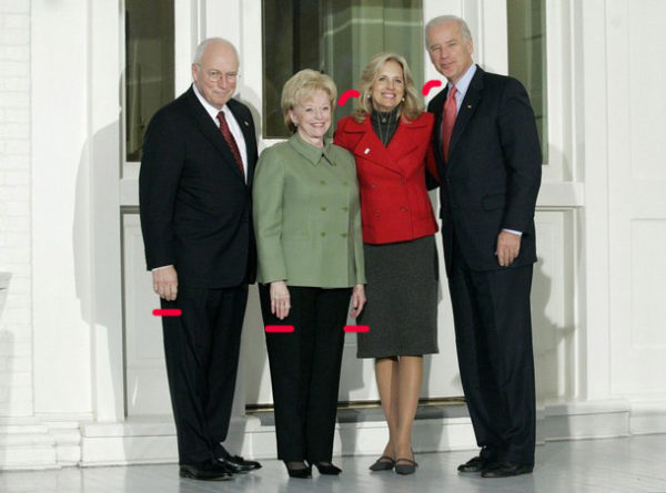 Molly Riley/Reuters. US Naval Observatory. Washington. November 13, 2008. caption: Vice President Dick Cheney and his wife, Lynne greet Vice President-elect Joe Biden and his wife Jill at the Vice President's residence.)