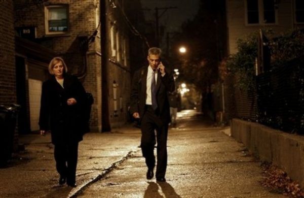 Rep. Rahm Emanuel, D-Ill., center, walks down an alley with a member of his staff while talking on his cell phone as he leaves his local congressional office for the night, Thursday, Nov. 6, 2008 in Chicago. Emanuelhas accepted the job of White House chief of staff. (AP Photo/Pablo Martinez Monsivais)