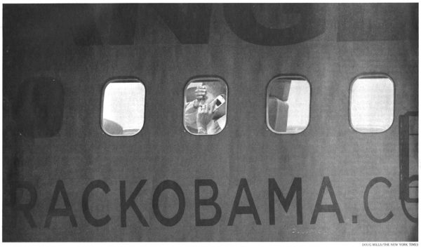 Doug Mills/The New York Times. Springfield, Mo. caption: Senator Barack Obama on his plane late Saturday when he arrived in Springfield, Mo., during a final weekend pass through contested states before the election