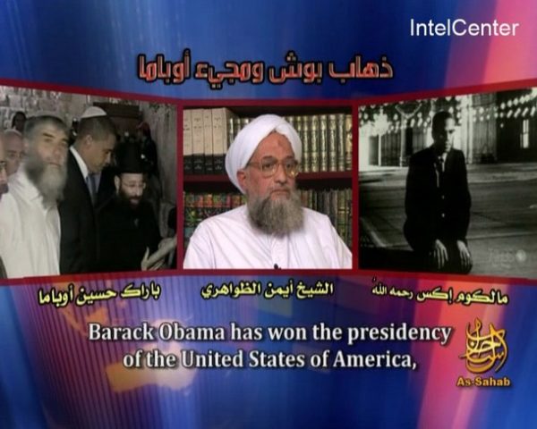 This IntelCenter video grab image received on November 19, 2008, shows a new video still that al-Qaeda's as-Sahab released entitled, "Exit of Bush and Arrival of Obama". The video features an audio statement with English subtitles from Ayman al-Zawahiri. An English and Arabic transcript was released with the video. Al-Zawahiri talks about the election of Barack Obama and delivered short messages to the Muslim Ummah, Obama, the mujahideen in Iraq, Somalia and ���everywhere���, the world���s weak and oppressed and the American people.Al-Qaeda number two Ayman Zawahiri condemned US president-elect Barack Obama as a "house negro" and warned him against sending more troops to Afghanistan, in the Internet audiomessage released on Wednesday.Zawahiri insulted Obama and other black Americans who have held high office in the US administration with the term used by the late black militant leader Malcolm X. AFP PHOTO/MANDATORY CREDIT: IntelCenter/CROPPING OF INTELCENTER LOGO PROHIBITED/RESTRICTED TO EDITORIAL USE = GETTY OUT = (Photo credit should read HO/AFP/Getty Images)