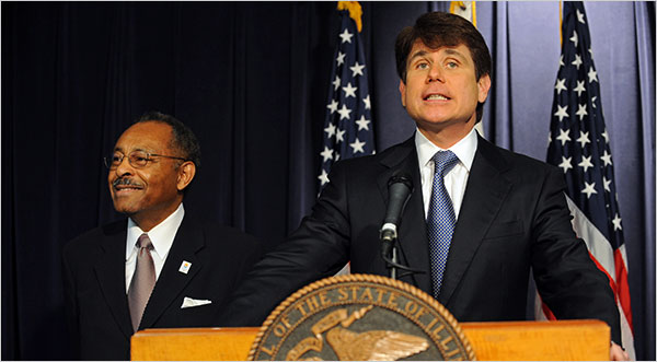 Amanda Rivkin for The New York Times. Chicago, IL. December 30, 2008. caption: Gov. Rod R. Blagojevich, right, named Roland Burris to replace President-elect Barack Obama in the Senate.