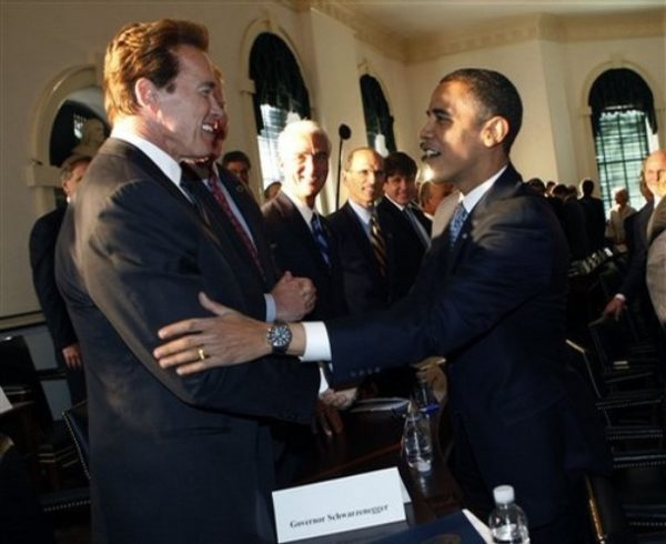 President-elect Barack Obama, right, greets California Gov. Arnold Schwarzenegger, left, at the Bipartisan meeting of the National Governor's Association at Congress Hall, Tuesday, Dec. 2, 2008 in Philadelphia, Pa. (AP Photo/Pablo Martinez Monsivais)
