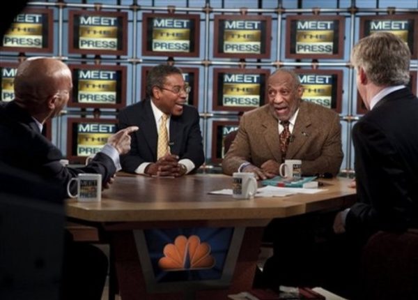 In this photograph provided by "Meet the Press", Dr. Alvin F. Poussaint, second from left, and moderator David Gregory, right, listen to Washington Mayor Adrian Fenty, left, and comedian and author Bill Cosby speak about President Elect Barack Obama's visit to Ben's Chili Bowl during the taping of 'Meet the Press' at the NBC studios Sunday, Jan. 11, 2009 in Washington. (AP Photo/Meet the Press, Brendan Smialowski) ** NO SALES NO ARCHIVE, MUST USE BEFORE SUNDAY, JAN. 18, 2009; MANDATORY CREDIT: BRENDAN SMIALOWSKI, "MEET THE PRESS" **