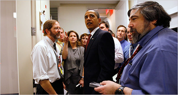 President Obama got a grilling, not the hoped-for small talk, on a surprise visit to the press room.Credit...Ruth Fremson/The New York Times