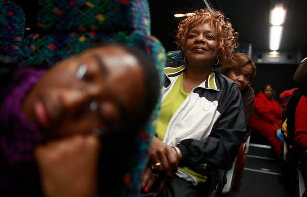 BIRMINGHAM, AL - JANUARY 18: African-American Barack Obama supporters from Alabama sit on a bus before departing on the way to Washington, DC to attend the inauguration of President-elect Barack Obama January 18, 2009 in Birmingham, Alabama. Birmingham, along with Selma and Montgomery, were touchstones in the civil rights movement where Dr. Martin Luther King Jr. led massive protests which eventually led to the Voting Rights Act of 1965 ending voter disfranchisement against African-Americans. Obama will become America's first black president 45 years after Dr. King's "I Have a Dream" civil rights speech in Washington, DC. (Photo by Mario Tama/Getty Images)