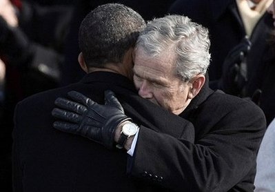 image: Alex Wong - AFP/Getty. January 20, 2009. caption: After eight turbulent years in office, George W. Bush(R), seen here congratulating his successor Barack Obama, left the White House for the last time as president Tuesday after a final stroll through his Oval Office and goodbyes to loyal aides