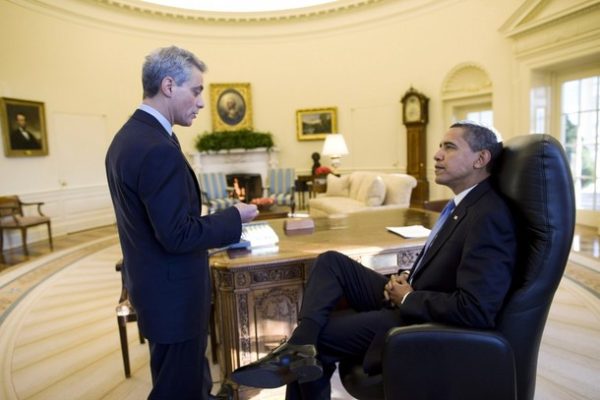WASHINGTON - JANUARY 21:  In this handout from the White House, U.S.  President Barack Obama (R) talks with White House Chief of Staff Rahm Emanuel in the Oval Office of the White House in the morning January 21, 2009 in Washington, DC. This is the first complete day of Obama's administration.  (Photo by Pete Souza/White House via Getty Images)