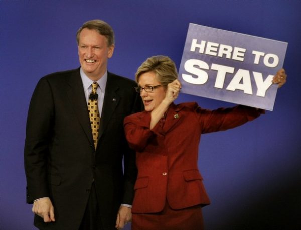 DETROIT - JANUARY 11: Rick Wagoner, Chairman and CEO of General Motors, and Michigan Gov. Jennifer Granholm appear on stage during the introduction of General Motors vehicles during the press preview for the Detroit International Auto Show at the Cobo Center January 11, 2009 in Detroit, Michigan. The 2009 North American International Auto Show (NAIAS) opens to the public January 17th in Detroit. (Photo by Bill Pugliano/Getty Image