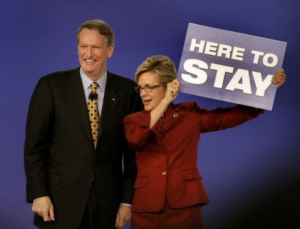 DETROIT - JANUARY 11: Rick Wagoner, Chairman and CEO of General Motors, and Michigan Gov. Jennifer Granholm appear on stage during the introduction of General Motors vehicles during the press preview for the Detroit International Auto Show at the Cobo Center January 11, 2009 in Detroit, Michigan. The 2009 North American International Auto Show (NAIAS) opens to the public January 17th in Detroit. (Photo by Bill Pugliano/Getty Image