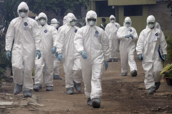 Officers from the health ministry, soldiers and police wearing protective suits take part in a joint bird flu prevention drill in Jakarta December 16, 2008. Bird flu in Indonesia has killed 113 people since 2003, according to the United Nations health agency. REUTERS/Dadang Tri (INDONESIA)