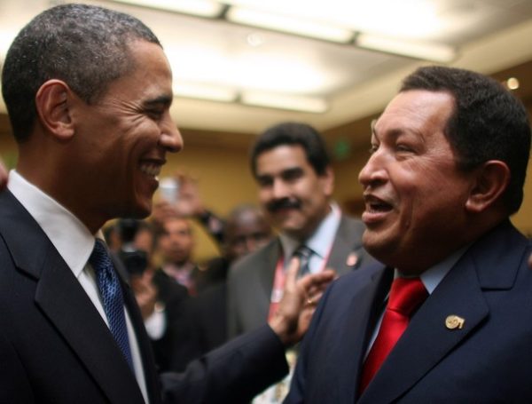 Handout picture released by the Venezuelan Presidency press office showing the President of the US, Barack Obama (L), and his Venezuelan counterpart Hugo Chavez (R) chating before the opening of the 5th Summit of the Americas in Port of Spain, on April 17, 2009. Despite efforts by Obama and summit organizers to keep the three-day gathering on the topics of energy, the environment and public safety, Cuba has emerged as the headline issue for being the only nation excluded.  AFP PHOTO / PRESIDENCIA --- RESTRICTED TO EDITORIAL USE  (Photo credit should read HO/AFP/Getty Images)