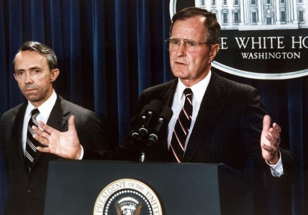 (FILES): This July 23, 1990 file photo shows then US President George Bush (R) announcing his nomination, New Hampshire appellate judge David Souter (L), for the Supreme Court, at the White House in Washington, DC. US Supreme Court Justice David Souter, 69, is planning to retire at the end of the court's current term, US media reported April 30, 2009, giving US President Barack Obama an early opportunity to name a judge to the highest US court. AFP PHOTO / Files / Jerome DELAY (Photo credit should read JEROME DELAY/AFP/Getty Images)