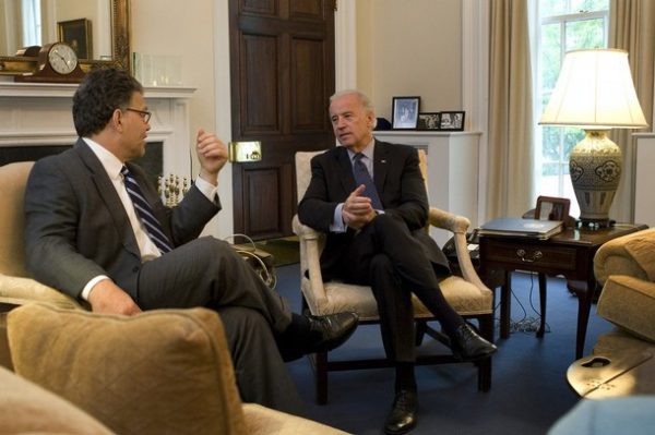 WASHINGTON - MAY 6: In this handout provide by the White House, Vice President Joe Biden (R) meets with Al Franken in the Vice President's West Wing office of the White House May 6, 2009 in Washington, DC. Franken met with Biden to discuss the contested Minnesota Senate race, of which Franken was declared the Democratic winner, but the outcome of which is being appealed by his opponent, the Republican incumbent Norm Coleman. (Photo by David Lienemann/White House via Getty Images)