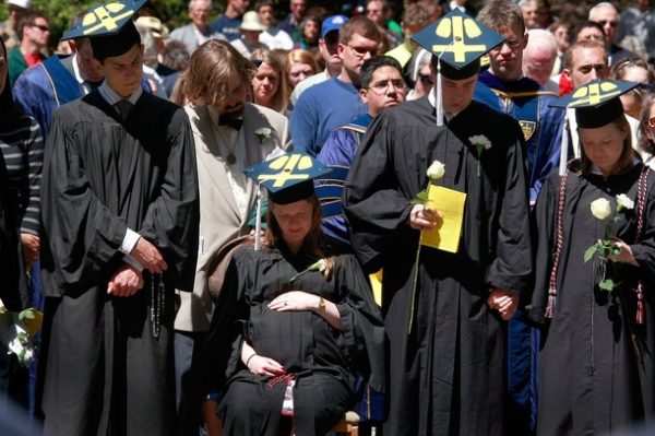 SOUTH BEND, IN - MAY 17: Notre Dame University students hold an alternative commencement cermony held to protest President Barack Obama's visit to the Grotto of Our Lady of Lourdes on the campus of Notre Dame University May 17, 2009 in South Bend, Indiana. Students chose to skip the commencement after the school decided to invite President Obama, who supports abortion rights, to deliver the commencement address and award him an honorary degree. (Photo by Scott Olson/Getty Images)