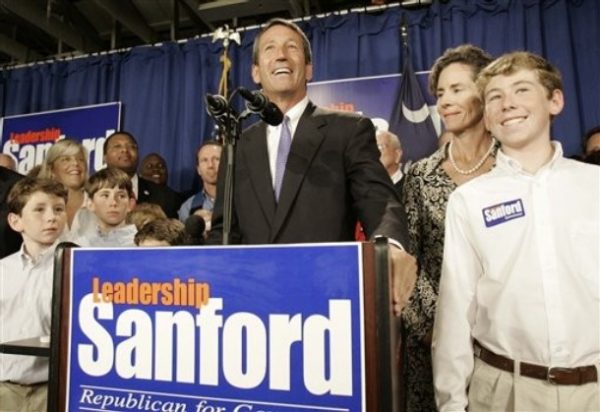 FILE - A Tuesday, Nov. 7, 2006, file photo shows South Carolina Gov. Mark Sanford after winning his second term by defeating Democrat Tommy Moore,  in Columbia, S.C. He is joined at the podium by his family, from the left, sons Bolton; Landon; his wife, Jenny; and son Marshal. Gov. Sanford admitted to having a affair during a news conference Wednesday, June 24, 2009, in Columbia, S.C. (AP Photo/Mary Ann Chastain, File)