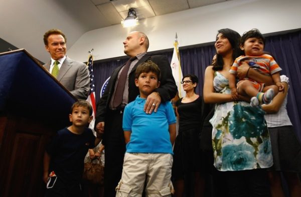 LOS ANGELES, CA - JULY 02:  California Governor Arnold Schwarzenegger holds a press conference surrounded by "California families" on July 2, 2009 in Los Angeles, California. The governor attacked the Democratic-led state legislature, saying it is putting union interests over taxpayers' well-being. The governor made the remarks as the state was about to start issuing IOUs instead of payments.  (Photo by John Moore/Getty Images)