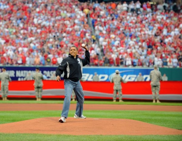 ST. LOUIS, MO - JULY 14:  U.S. President Barack Obama throws out the first pitch before the 2009 All-Star Game at Busch Stadium July 14, 2009 in St. Louis, Missouri. The American League beat the National League 4-3. (Photo by Rich Pilling/MLB Photos via Getty Images)
