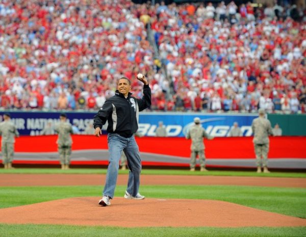 ST. LOUIS, MO - JULY 14: U.S. President Barack Obama throws out the first pitch before the 2009 All-Star Game at Busch Stadium July 14, 2009 in St. Louis, Missouri. The American League beat the National League 4-3. (Photo by Rich Pilling/MLB Photos via Getty Images)