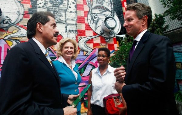 NEW YORK - JUNE 29:  U.S. Treasury Secretary Timothy Geithner (R) chats with U.S. Rep. Jose Serrano (D-NY) (L) at The Point community development center June 29, 2009 in the Bronx borough of New York City. Geithner visited the center to announce $90 million in financial assistance awards for 59 Community Development Financial Institutions (CDFIs) across the country in vulnerable communities as part of the Recovery Act.  (Photo by Mario Tama/Getty Images)