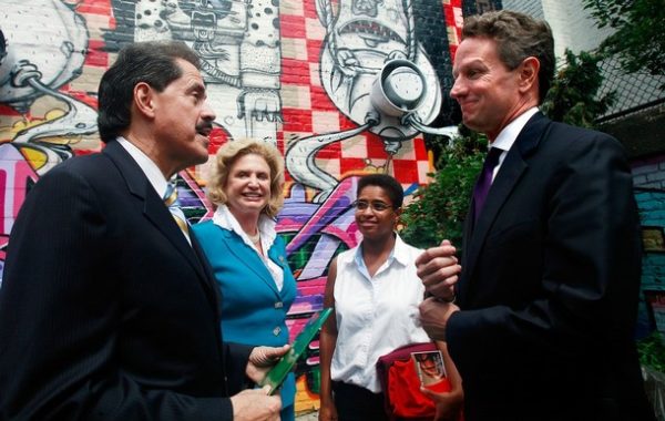 NEW YORK - JUNE 29: U.S. Treasury Secretary Timothy Geithner (R) chats with U.S. Rep. Jose Serrano (D-NY) (L) at The Point community development center June 29, 2009 in the Bronx borough of New York City. Geithner visited the center to announce $90 million in financial assistance awards for 59 Community Development Financial Institutions (CDFIs) across the country in vulnerable communities as part of the Recovery Act. (Photo by Mario Tama/Getty Images)