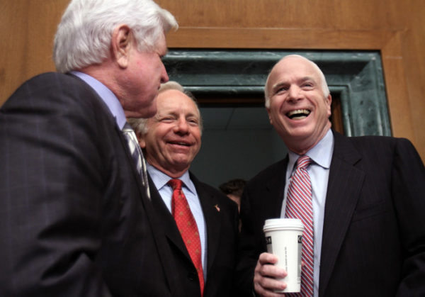 Sens. Ted Kennedy, Joe Lieberman, and John McCain. Gen. David Petraeus and Amb Ryan Crocker testify on the Iraq War to the Senate Armed Services Committee on Tuesday, April 8, 2008 on Capitol Hill in Washington. (Lauren Victoria Burke/WDCPIX.COM)