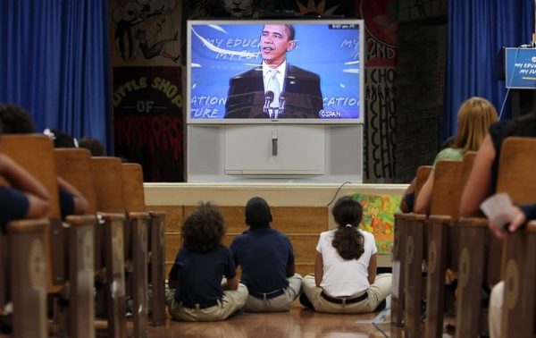 NEW YORK - SEPTEMBER 08: Manhattan Charter School students watch the National Address to Students on Educational Success by U.S. President Barack Obama September 8, 2009 in New York City. U.S. Secretary of State Hillary Rodham Clinton spoke to students beforehand at a "My Education, My Future" event at the school. (Photo by Mario Tama/Getty Images)