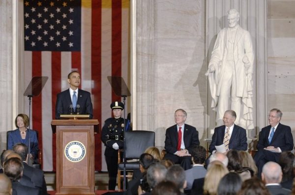 WASHINGTON - OCTOBER 28: US President Barack Obama (2nd L) joins House Speaker Nancy Pelosi (D-CA) (FROM L), Senate Majority Leader Harry Reid (D-NV), former Senator Edward William Brooke (R-MA) and Senate Minority Leader Mitch McConnell (R-KY) in honoring Brooke with the Congressional Gold Medal in the Rotunda of the US Capitol on October 28, 2009 in Washington, DC. Brooke, a two-term Republican senator from 1967-1979, was the first African-American elected to the senate by popular vote. (Photo by Jonathan Ernst/Getty Images)