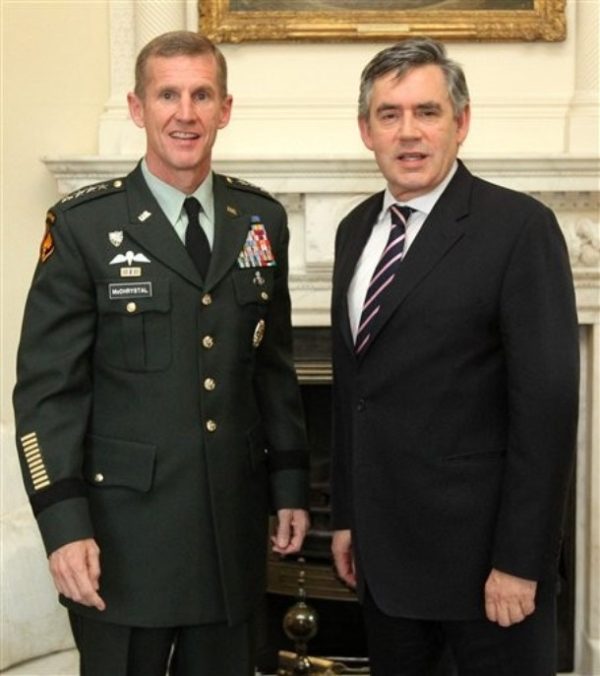 U.S. Gen. Stanley McChrystal, left, the top U.S. and NATO commander in Afghanistan, meets British Prime Minister Gordon Brown at 10 Downing Street, in London, Thursday, Oct. 1, 2009. McChrystal, whose frank warning to President Barack Obama has raised grave doubts about whether the Taliban insurgency can be repelled, told British academics and reporters Thursday that the current coalition strategy is not winning over the Afghan people.(AP Photo//Shaun Curry/pool)