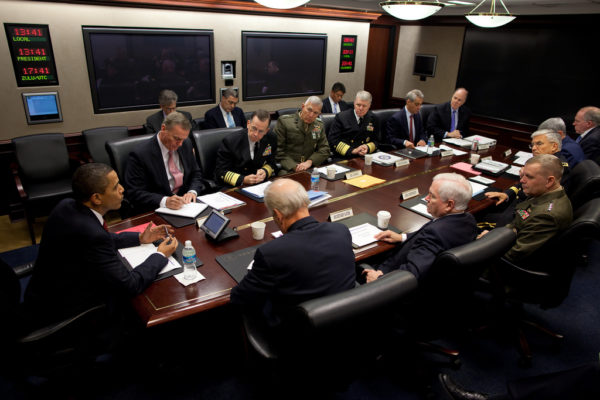 President Barack Obama holds a briefing on Afghanistan with the Joint Chiefs of Staff in the Situation Room at the White House on Oct. 30, 2009. Seated at the table clockwise from the President are NSC Advisor James L. Jones, Chairman of the Joints Chiefs of Staff Admiral Mike Mullen, Commandant of the United States Marine Corps General James T. Conway, Chief of Naval Operations Admiral Gary Roughead, WH Chief of Staff Rahm Emanuel, Deputy National Security Advisor Tom Donilon, Deputy National Security Advisor John Brennan, Chief of Staff of the U.S. Air Force General Norton A. Schwartz, Chief of Staff of the Army General George W. Casey Jr., Vice Chairman of the Joint Chiefs of Staff General James E. Cartwright, Secretary of Defense William Gates, and Vice President Joe Biden (Official White House Photo by Pete Souza) This official White House photograph is being made available only for publication by news organizations and/or for personal use printing by the subject(s) of the photograph. The photograph may not be manipulated in any way and may not be used in commercial or political materials, advertisements, emails, products, promotions that in any way suggests approval or endorsement of the President, the First Family, or the White House.