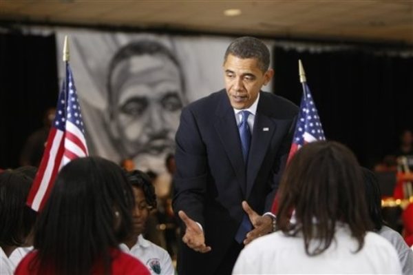 President Barack Obama visits the Dr. Martin Luther King Charter School  in the Lower 9th Ward of New Orleans, La., Thursday, Oct. 15, 2009. (AP Photo/Gerald Herbert)