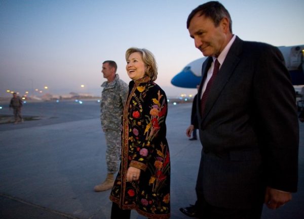 KABUL, AFGHANISTAN - NOVEMBER 18: U.S. Secretary of State Hillary Clinton (C) walks with U.S Ambassador to Afghan Karl Eikenberry (R) after arriving on November 18, 2009 in Kabul, Afghanistan. This is her first trip to Afghanistan as U.S Secretary of State. Clinton will meet with Afghan President Karzai before he officially starts his second term of office. (Photo by Paula Bronstein /Getty Images)