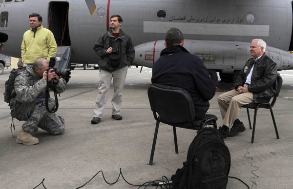 U.S. Defense Secretary Robert M. Gates talks with CBS correspondent Terry McCarthy during an interview in Kabul, Afghanistan Dec. 9, 2009. Secretary Gates is on his first trip back to southwest asia after President Obama agreed to send an additional 30,000 troops to Afghanistan. DoD Photo by U.S. Air Force Master Sgt. Jerry Morrison(RELEASED)