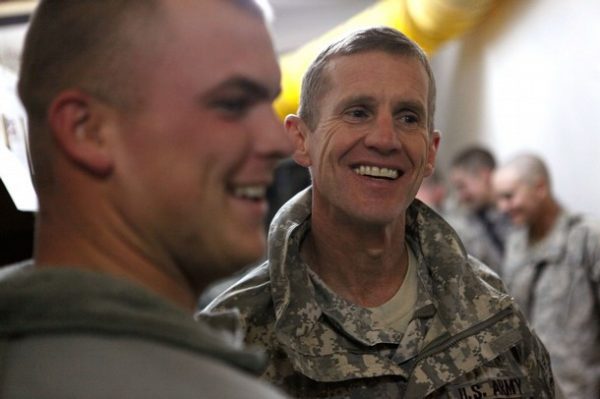 MATAKHAN, AFGHANISTAN - NOVEMBER 26:  General Stanley A. McChrystal, Commander, International Security Assistance Force (ISAF) and U.S. Forces Afghanistan, visits with soldiers from Blackfoot Company of the Army's 1st Battalion 501st Parachute Infantry Regiment on Thanksgiving November 26, 2009 in Matakhan, Afghanistan. McChrystal visited several of the 501st units in the Paktika Province during the holiday.  (Photo by Scott Olson/Getty Images)