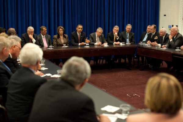 President Barack Obama, along with Vice President Joe Biden, Admiral Michael Mullen, chairman of the Joint Chiefs of Staff, Defense Secretary Robert Gates, Secretary of State Hillary Clinton, and Chief of Staff Rahm Emanuel, holds a meeting with Congressional Leadership in the Eisenhower Executive Office Building, in advance of a major policy speech to announce his new Afghanistan war strategy, Dec. 1, 2009. (Official White House Photo by Pete Souza)   This official White House photograph is being made available only for publication by news organizations and/or for personal use printing by the subject(s) of the photograph. The photograph may not be manipulated in any way and may not be used in commercial or political materials, advertisements, emails, products, promotions that in any way suggests approval or endorsement of the President, the First Family, or the White House.