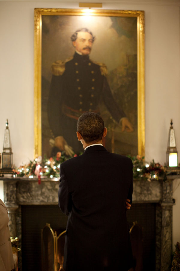 President Barack Obama looks at a portrait hanging in the SuperintendentÕs quarters at the U.S. Military Academy at West Point in West Point, N.Y., before delivering a speech on his new Afghanistan war strategy, Dec. 1, 2009. (Official White House Photo by Pete Souza) This official White House photograph is being made available only for publication by news organizations and/or for personal use printing by the subject(s) of the photograph. The photograph may not be manipulated in any way and may not be used in commercial or political materials, advertisements, emails, products, promotions that in any way suggests approval or endorsement of the President, the First Family, or the White House.