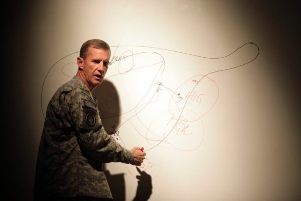 General Stanley McChrystal speaks to the military at US base Kandahar Airfield