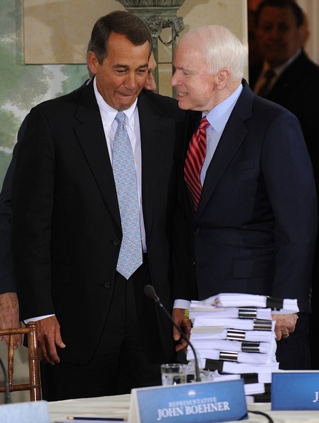 WASHINGTON, DC - FEBRUARY 25: U.S. Rep. John Boehner (R-OH) (L) talks with U.S. Republican Sen. John McCain (R-AZ) before a bipartisan meeting to discuss health reform legislation with congressional members at the Blair House as Kathleen Sebelius, Health and Human Services Secretary, listens February 25, 2010 in Washington, DC. Obama hosted the televised meeting to discuss the health care legislation before the congress. (Photo by Shawn Thew-Pool/Getty Images)