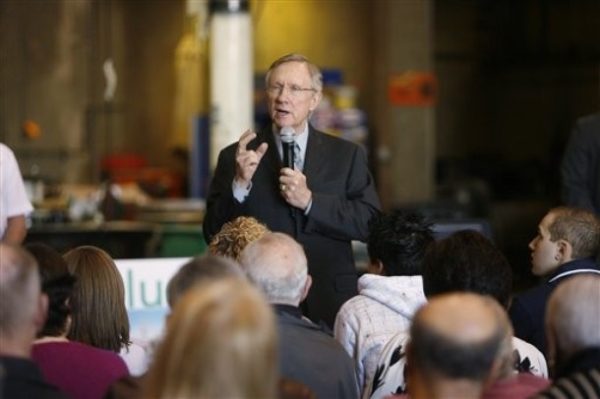 Senate Majority Leader Harry Reid, D-Nev. speaks to supporters about his jobs bill at Southern Nevada Paving, Thursday, Feb. 18, 2010 in Las Vegas. The GOP has targeted Sen. Reid for defeat in his re-election bid this year. (AP Photo/Isaac Brekken)