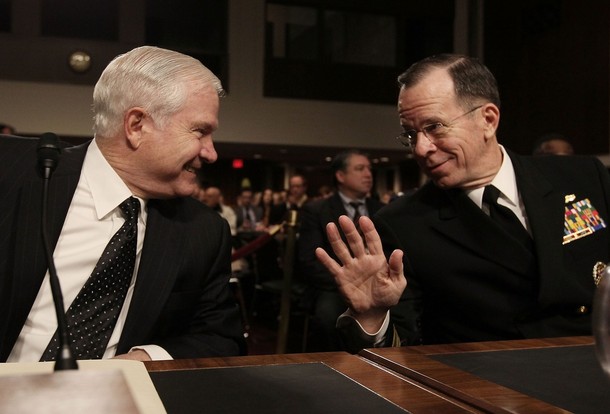 WASHINGTON - FEBRUARY 02:  Defense Secretary Robert Gates (L) and Chairman of the Joint Chiefs of Staff Adm. Michael Mullen (R) participate in a Senate Armed Services Committee hearing on Capitol Hill on February 2, 2010 in Washington, DC. The committee is hearing testimony on the proposed Department of Defense budget request for fiscal year 2011, and reviewing the "Don't Ask, Don't Tell" policy.  (Photo by Mark Wilson/Getty Images)