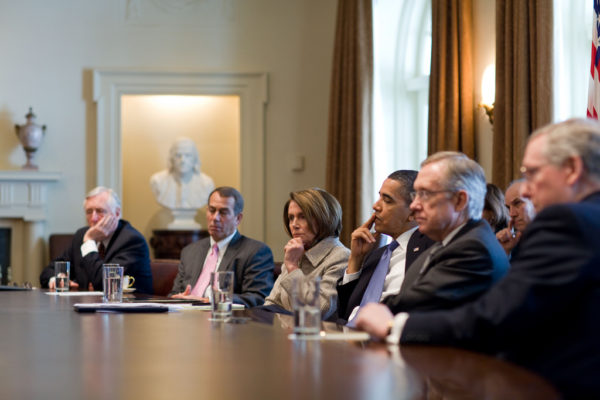 President Barack Obama meets with bipartisan leaders of the House and Senate, including from left, House Majority Leader Steny Hoyer (D-Md.), House Republican Leader John A. Boehner (R-Ohio), Speaker of the House Nancy Pelosi (D-Cal.), Senate Majority Leader Harry Reid (D-Nev.), and Senate Republican Leader Mitch McConnell (R-Ky.) to discuss working together on issues surrounding the economy and jobs in the Cabinet Room of the White House, Feb. 10, 2010. (Official White House Photo by Pete Souza) This official White House photograph is being made available only for publication by news organizations and/or for personal use printing by the subject(s) of the photograph. The photograph may not be manipulated in any way and may not be used in commercial or political materials, advertisements, emails, products, promotions that in any way suggests approval or endorsement of the President, the First Family, or the White House.
