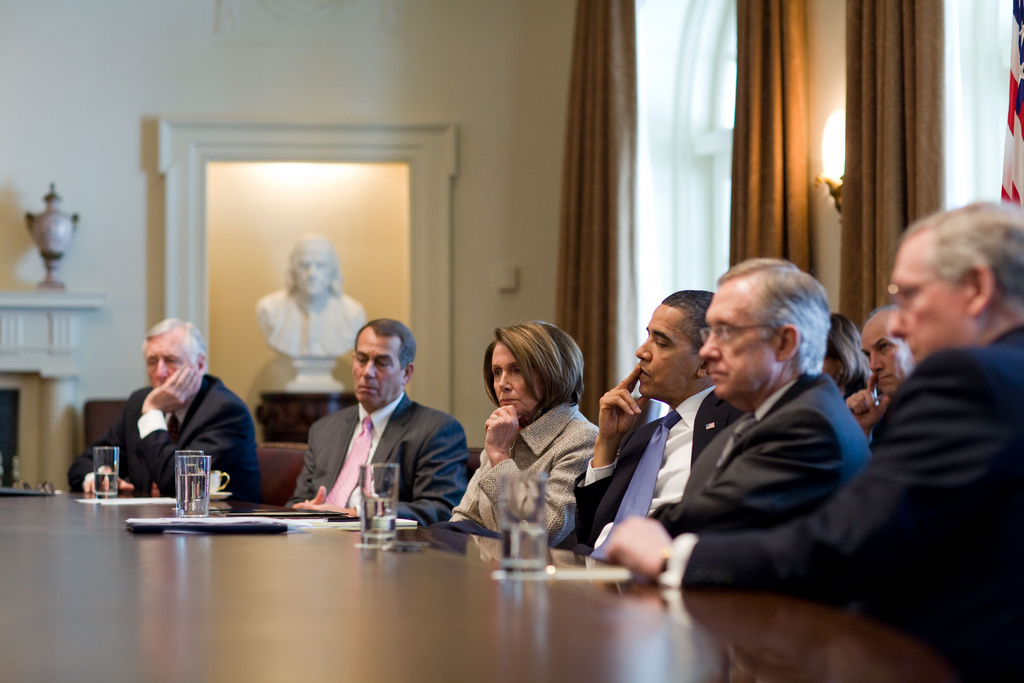 President Barack Obama meets with bipartisan leaders of the House and Senate, including from left, House Majority Leader Steny Hoyer (D-Md.), House Republican Leader John A. Boehner (R-Ohio), Speaker of the House Nancy Pelosi (D-Cal.), Senate Majority Leader Harry Reid (D-Nev.),  and Senate Republican Leader Mitch McConnell (R-Ky.) to discuss working together on issues surrounding the economy and jobs in the Cabinet Room of the White House, Feb. 10, 2010.  (Official White House Photo by Pete Souza)  This official White House photograph is being made available only for publication by news organizations and/or for personal use printing by the subject(s) of the photograph. The photograph may not be manipulated in any way and may not be used in commercial or political materials, advertisements, emails, products, promotions that in any way suggests approval or endorsement of the President, the First Family, or the White House.