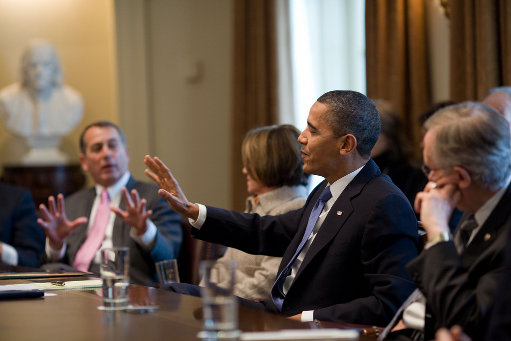 President Barack Obama and House Republican Leader John A. Boehner (R-Ohio) gesture while Speaker of the House Nancy Pelosi (D-Cal.) and Senate Majority Leader Harry Reid (D-Nev.) look on during a meeting of bipartisan leaders of the House and Senate to discuss working together on issues surrounding the economy and jobs in the Cabinet Room of the White House, Feb. 10, 2010.  (Official White House Photo by Pete Souza)  This official White House photograph is being made available only for publication by news organizations and/or for personal use printing by the subject(s) of the photograph. The photograph may not be manipulated in any way and may not be used in commercial or political materials, advertisements, emails, products, promotions that in any way suggests approval or endorsement of the President, the First Family, or the White House.