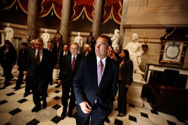 WASHINGTON - MARCH 18: Congressional Republican leadership, including House Minority Leader John Boehner (R-OH) (C) and Senate Minority Leader Mitch McConnell (R-KY) lead a bicameral group of Republicans into the House of Representatives Chamber ahead of a strategy meeting at the U.S. Capitol March 18, 2010 in Washington, DC. With House Democrats saying they will move forward with a health care reform legislation vote as early as this weekend, Republicans have remained unified in their opposition to the bill. (Photo by Chip Somodevilla/Getty Images)