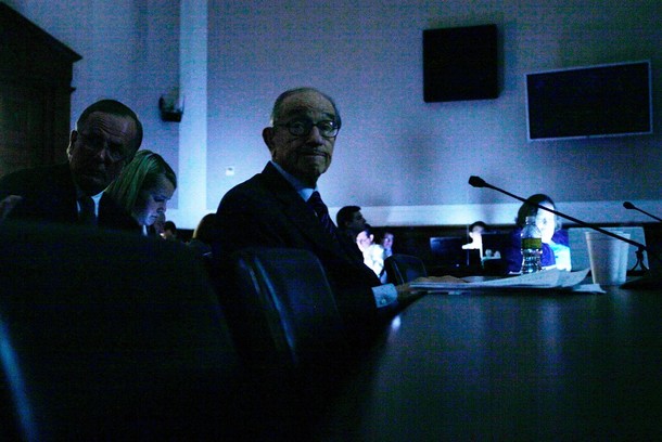 WASHINGTON - APRIL 07:  Former Federal Reserve Board Chairman Alan Greenspan waits in the dark as a power outage takes place during a hearing before the Financial Crisis Inquiry Commission April 7, 2010 on Capitol Hill in Washington, DC. The commission began a three-day hearing on "Subprime Lending and Securitization and Government-Sponsored Enterprises" to examine the meltdown of subprime mortgages during the financial crisis in 2008.  (Photo by Alex Wong/Getty Images)