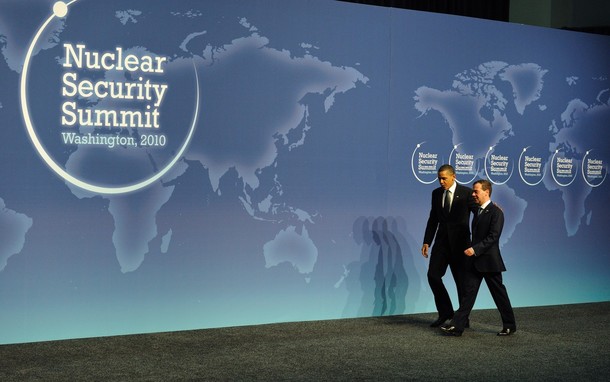 US President Barack Obama (L) greets his Russian counterpart Dmitri Medvedev  upon his arrival for dinner during the Nuclear Security Summit at the Washington Convention Center in Washington, DC, April 12, 2010.   AFP PHOTO / ERIC FEFERBERG (Photo credit should read ERIC FEFERBERG/AFP/Getty Images)